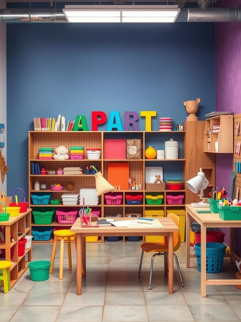 A colorful kid-friendly craft room with storage bins, tables, and decorations.