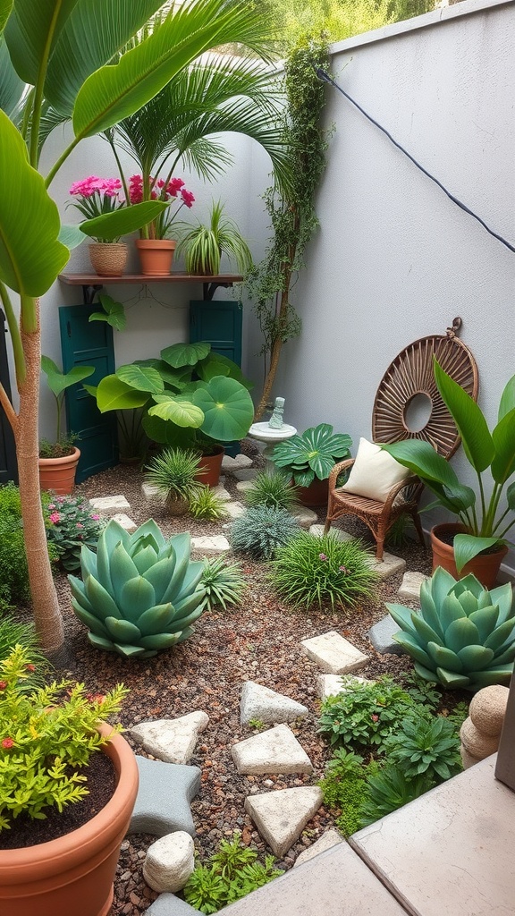 A small garden with various plants, stone pathways, and a cozy chair.