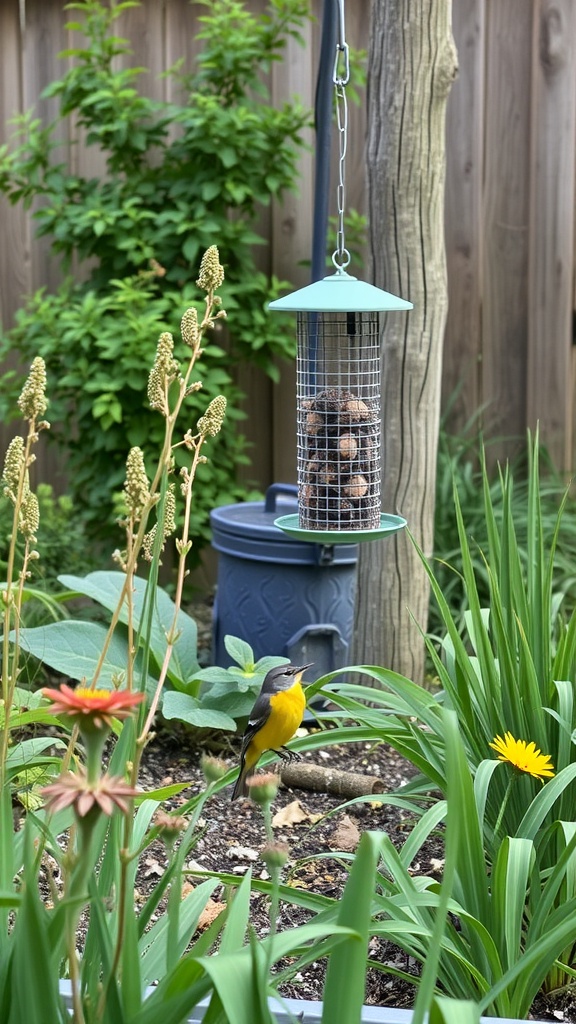 A vibrant garden with a bird feeder and colorful flowers, showcasing a wildlife-friendly design.