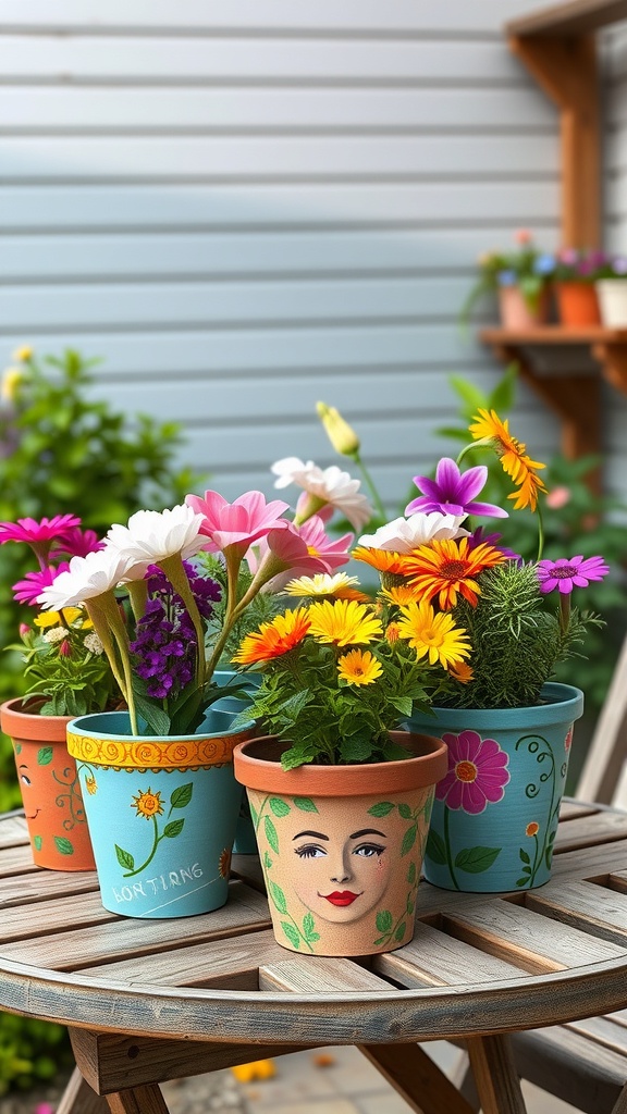 Colorful DIY flower pots with various flowers on a wooden table.