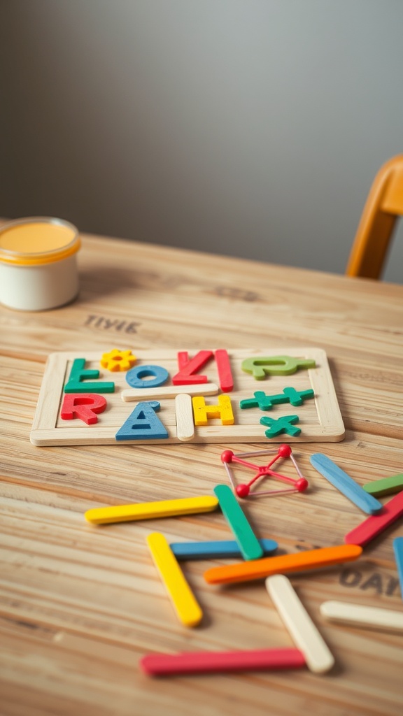 Colorful popsicle stick letters and shapes arranged on a wooden table.