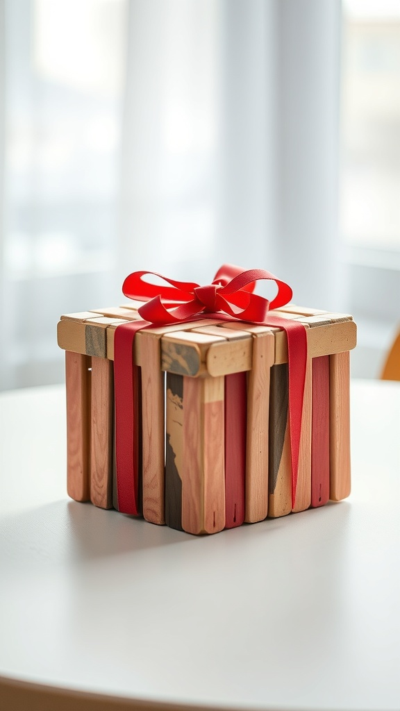 A DIY gift box made from popsicle sticks, decorated with a red ribbon.