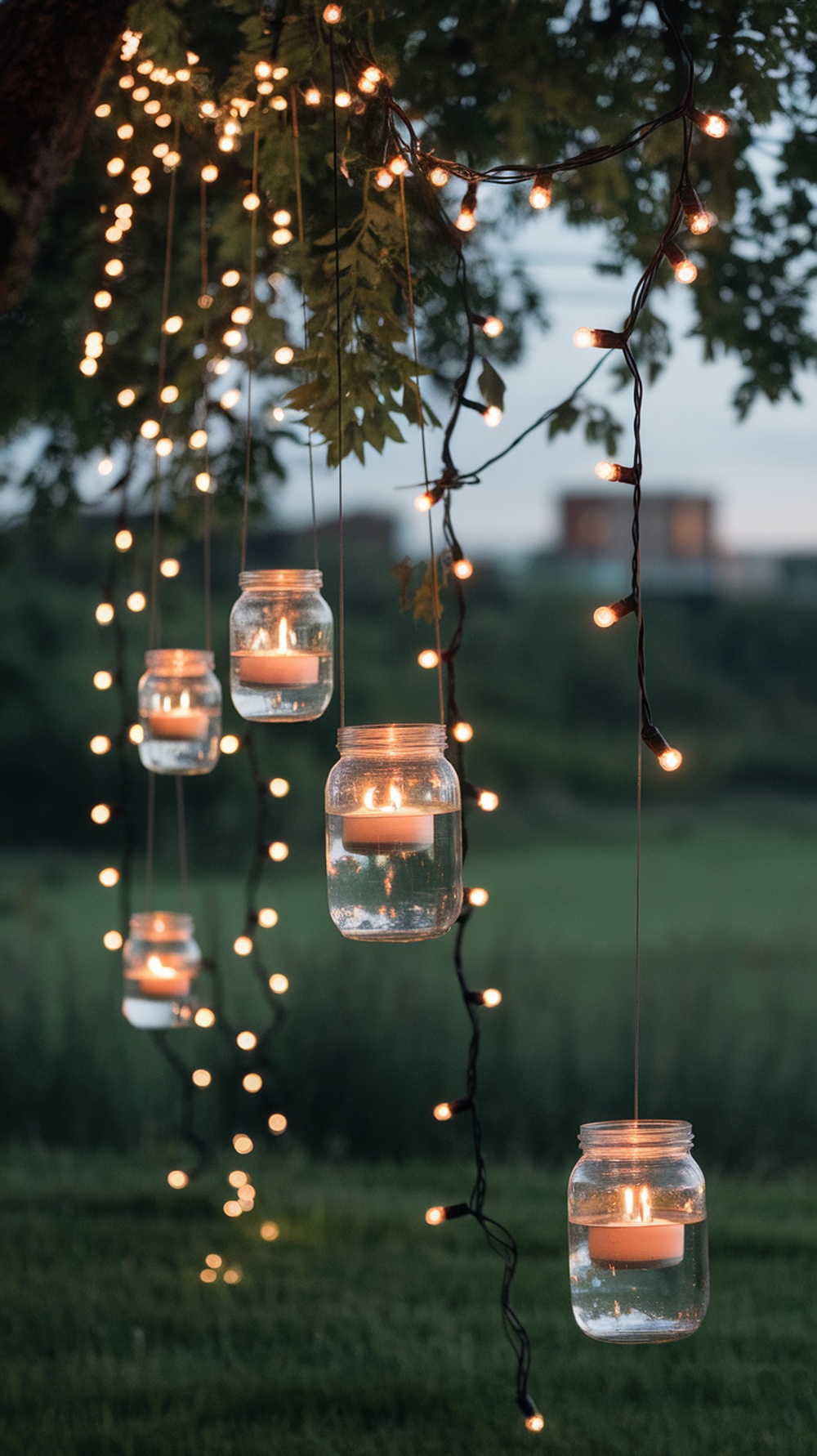 Hanging jars with candles and string lights in an outdoor setting