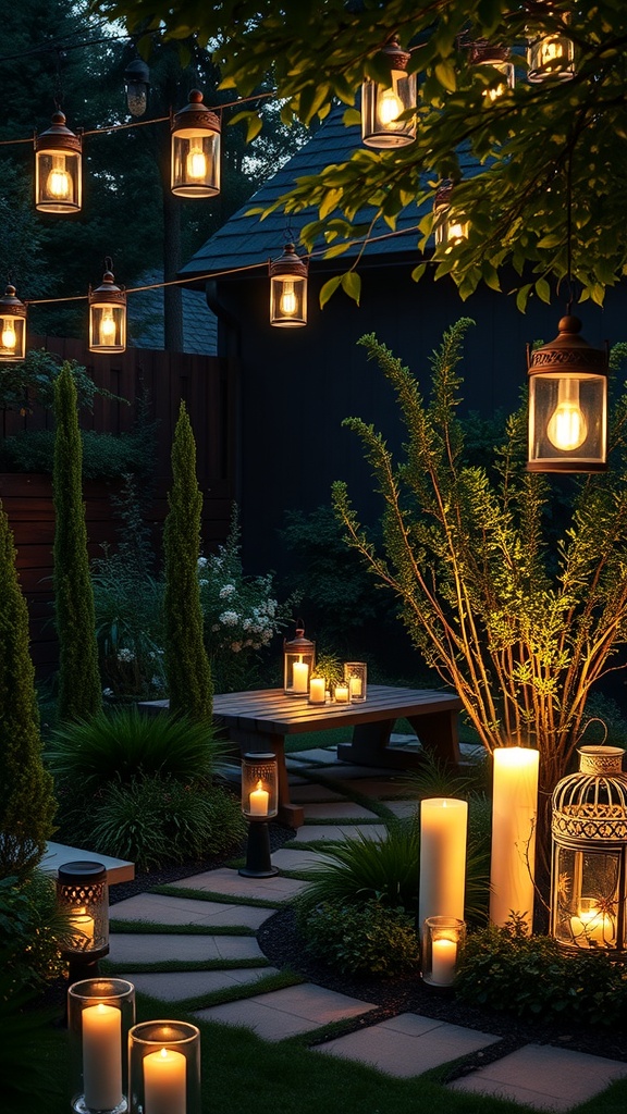 Outdoor party lighting setup with hanging lanterns and candles