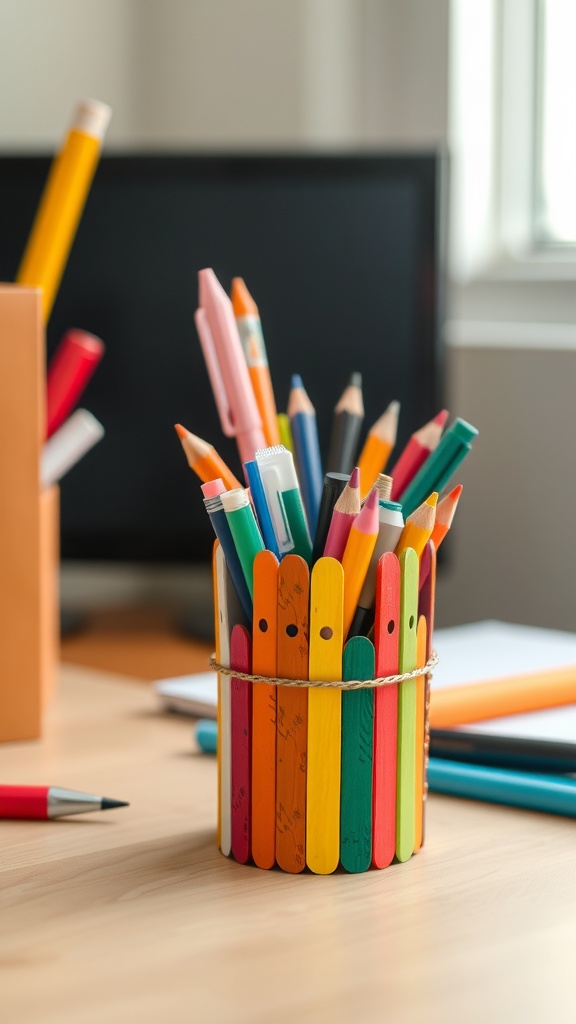 Colorful DIY pencil holder made from popsicle sticks filled with various colored pencils and markers.