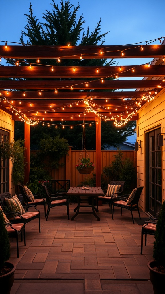 A cozy patio with a string light canopy, featuring a round table, potted plants, and comfortable seating.