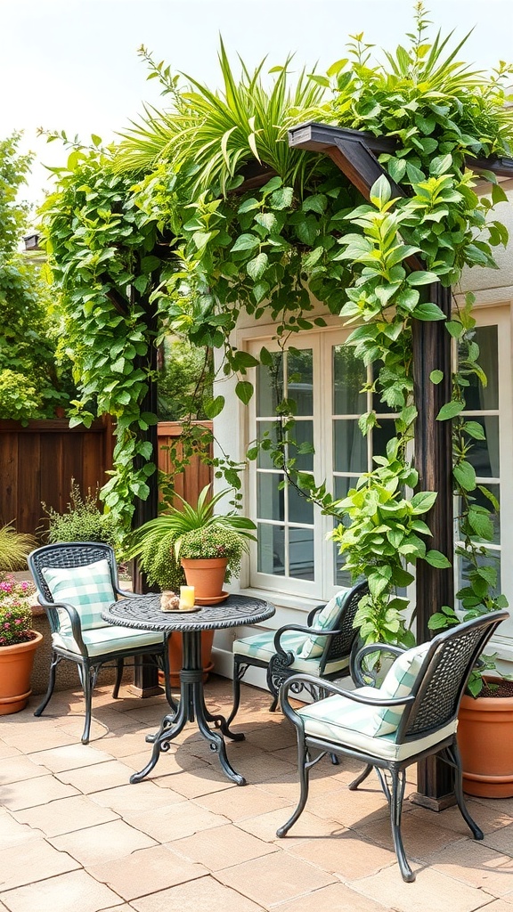 A cozy outdoor patio featuring a DIY trellis covered with climbing plants, black metal furniture, and potted plants.