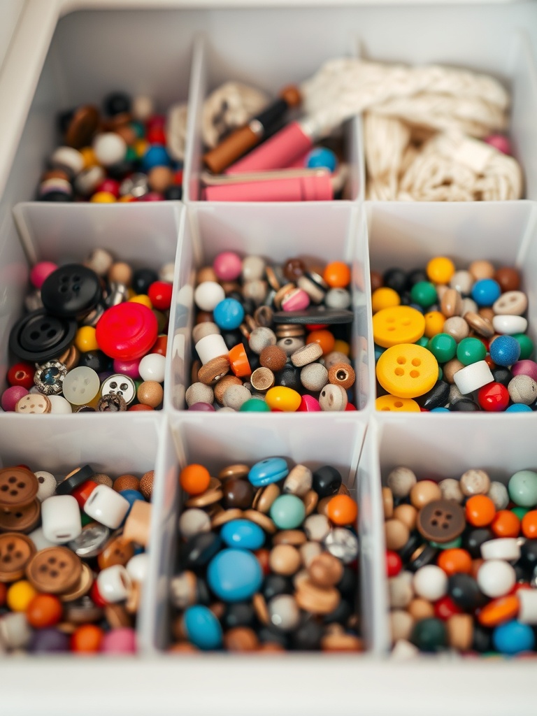 Organized drawer with colorful buttons and beads in separate compartments