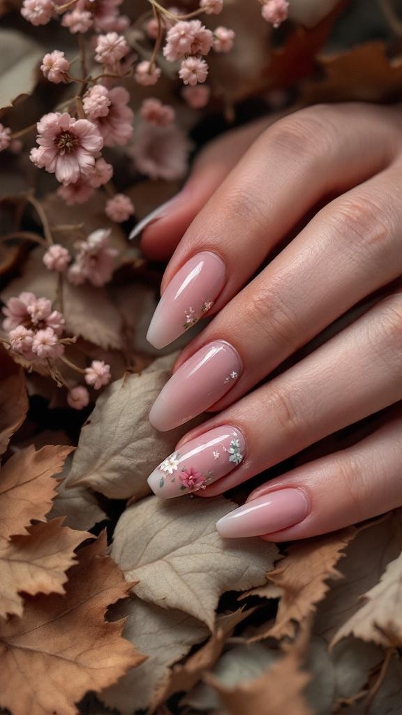 Nails with dusty rose base and floral accents on a bed of autumn leaves