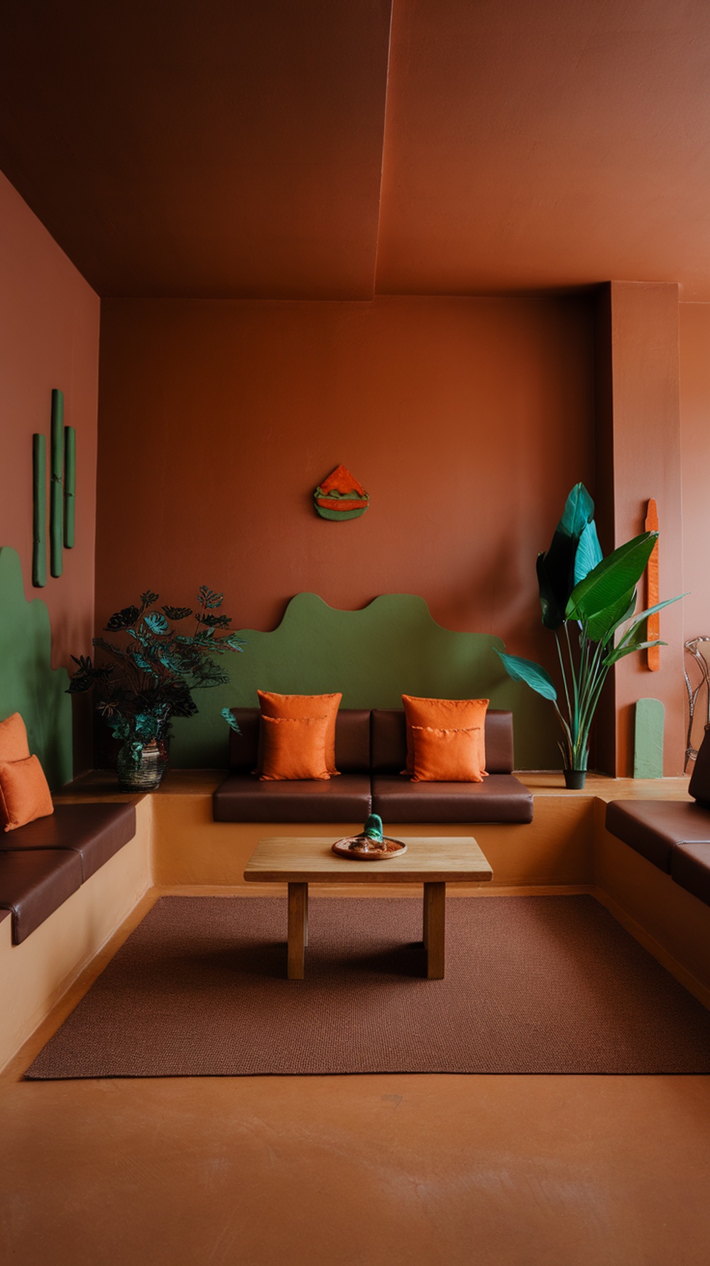 A cozy living room with earthy colors, featuring terracotta walls, brown seating, and green plants.