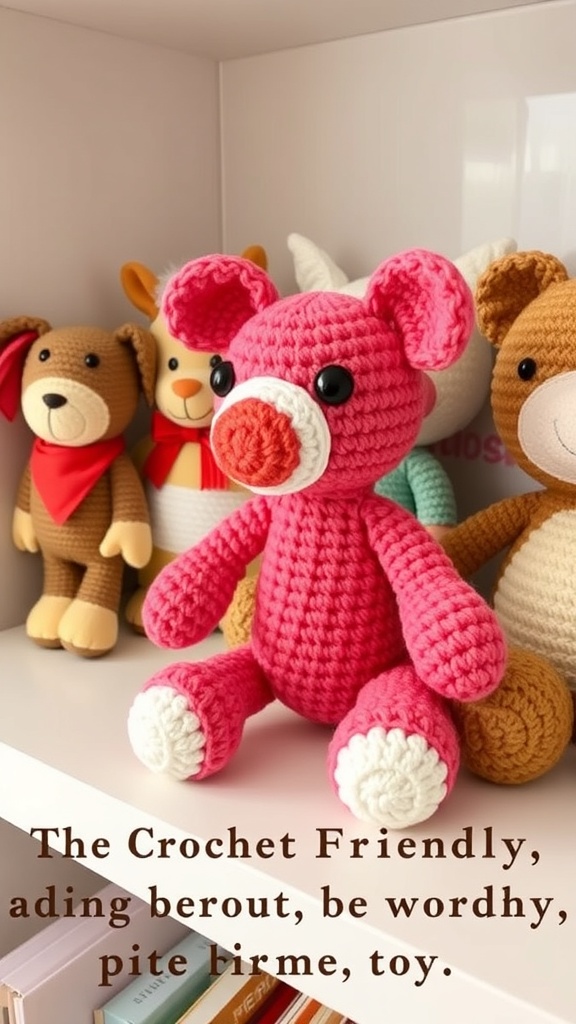 A pink crochet bear toy in front of other crochet animals on a shelf.