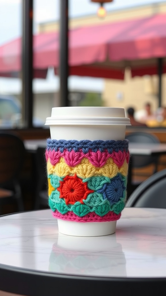 A colorful crochet cup sleeve on a coffee cup, placed on a table in a cafe.