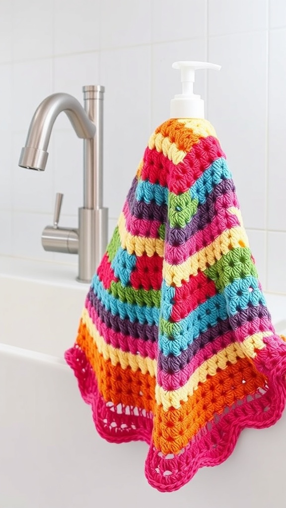 Colorful crochet dishcloth hanging by a sink