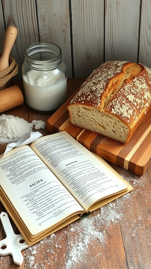 A loaf of sourdough bread next to an open recipe book and baking ingredients.