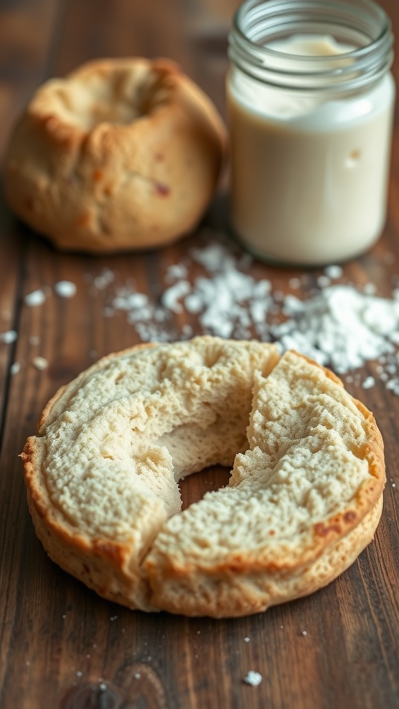 A freshly baked whole wheat sourdough English muffin with a jar of butter