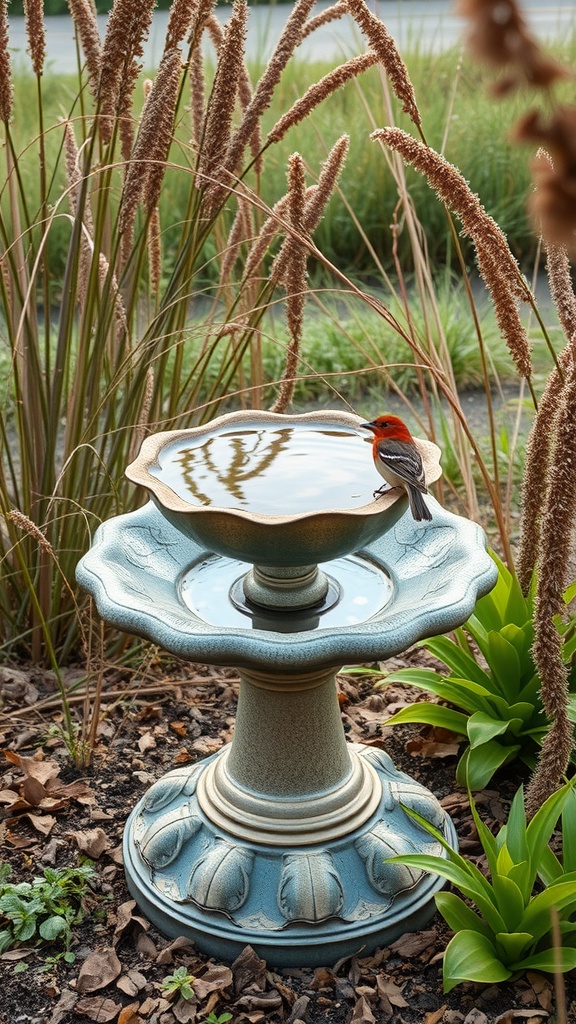 A decorative birdbath surrounded by plants and a bird perched on the edge.