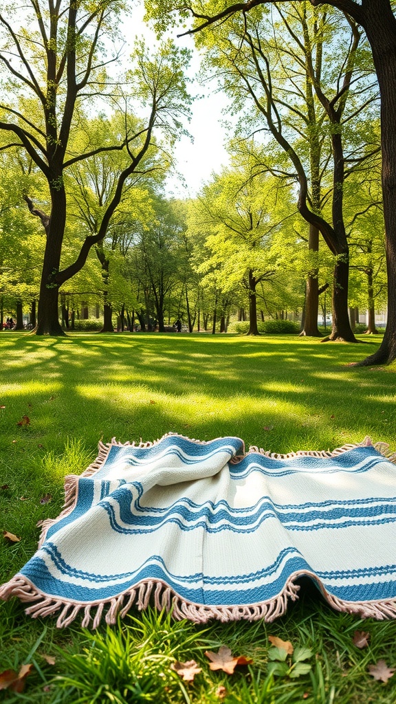 A colorful blanket laid out on a grassy area, with a picnic basket and drink nearby.