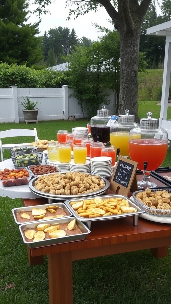 A well-organized outdoor food and drink station with colorful drinks, snacks, and a chalkboard sign.
