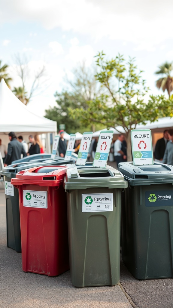 A row of waste bins labeled for recycling, compost, and general waste at an outdoor event.