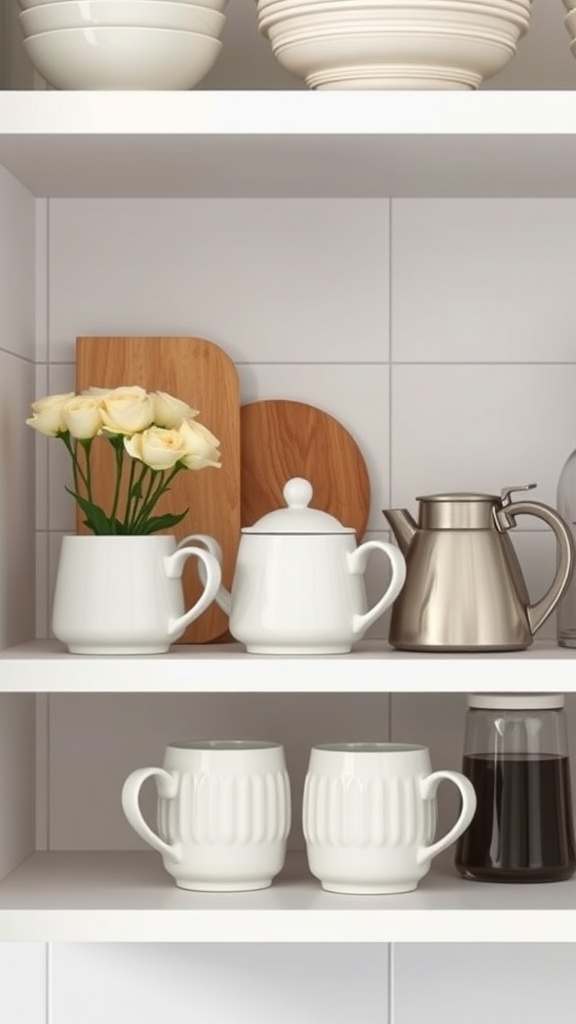 A neatly arranged kitchen shelf featuring white ceramic mugs, a metal kettle, wooden board, and a vase of flowers.
