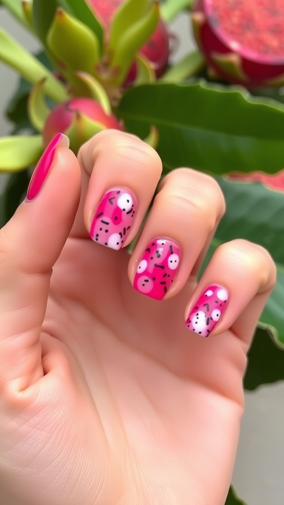 Nail art inspired by dragon fruit, featuring bright pink and playful designs.