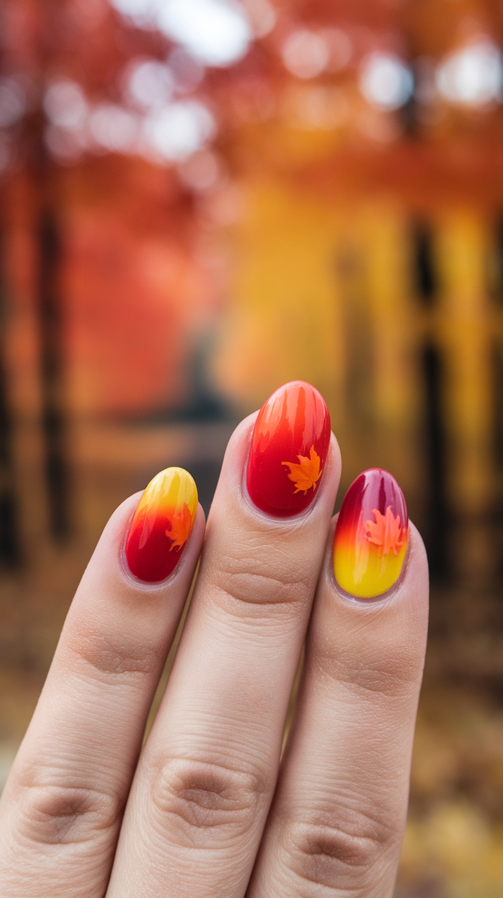 Nails featuring a falling leaves gradient design with warm autumn colors.
