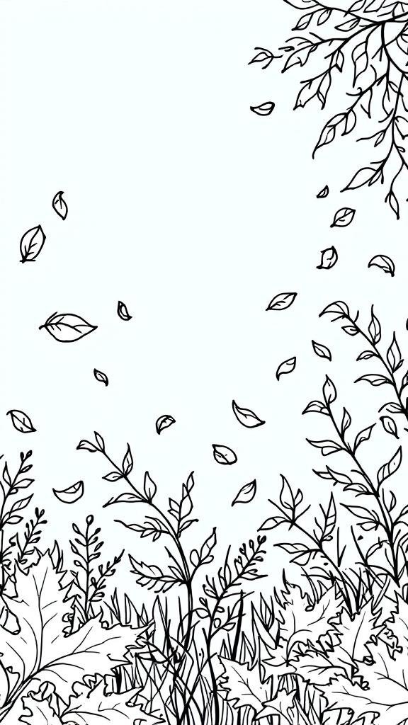 A black and white coloring page featuring falling leaves and branches.
