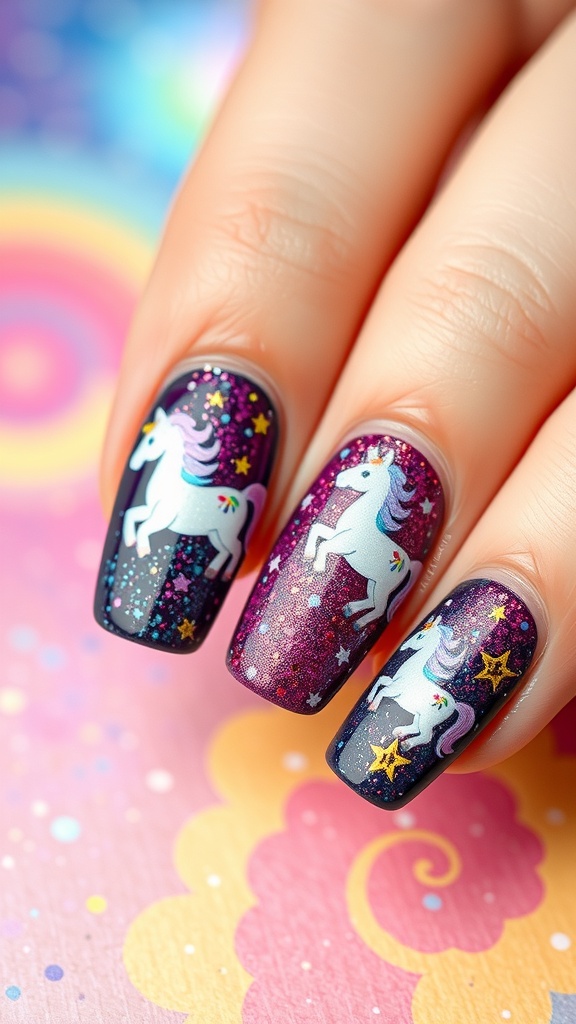 Colorful fantasy-inspired nail art featuring unicorns and glitter.