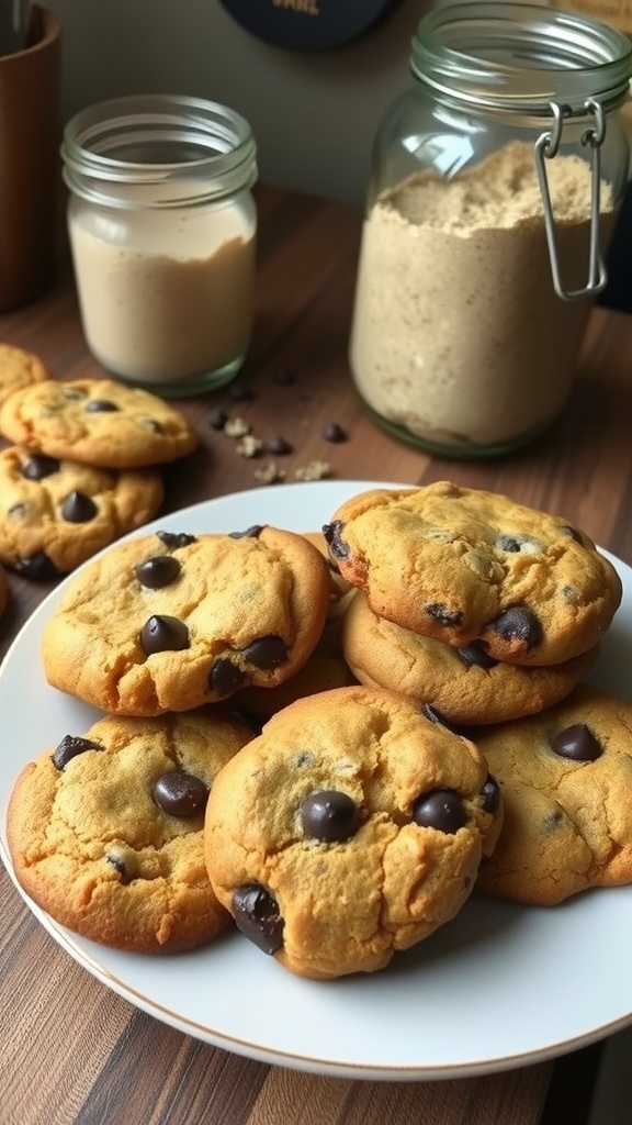 A plate of freshly baked sourdough chocolate chip cookies with jars of sourdough starter and flour in the background.