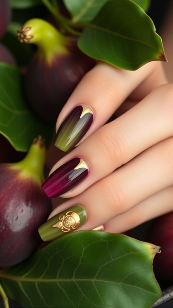 Nails designed with fig-inspired colors and gold accents