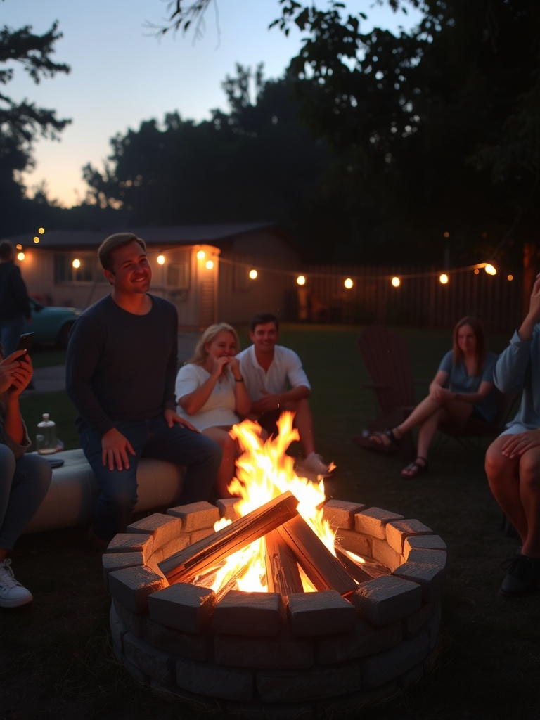 A group of people gathered around a fire pit with string lights in the background, enjoying a summer evening.