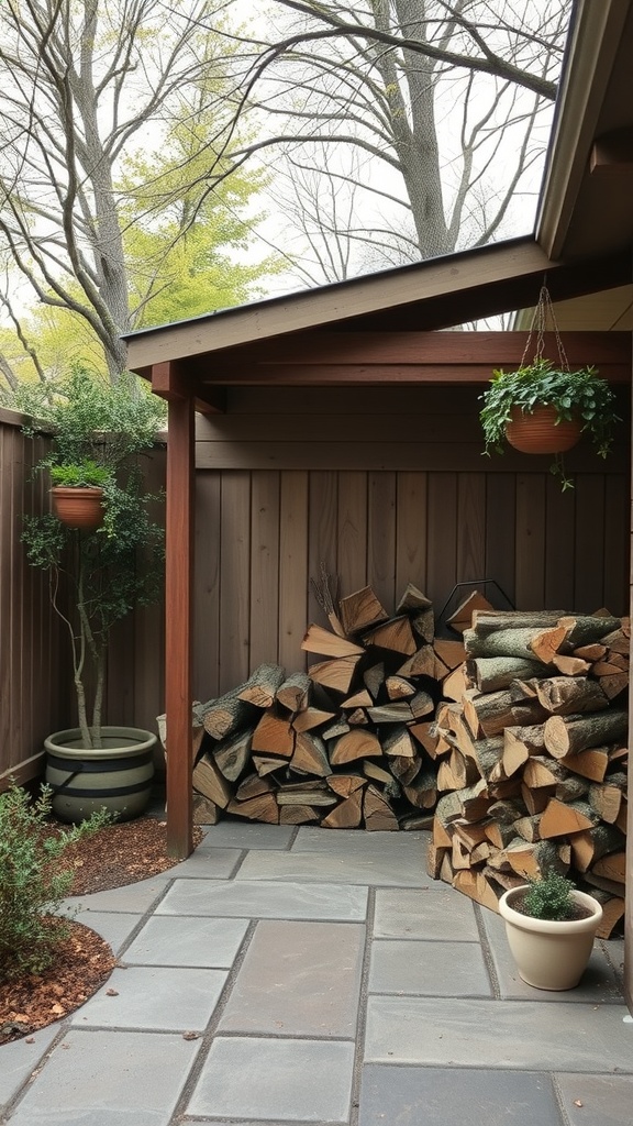 A cozy outdoor patio featuring neatly stacked firewood, potted plants, and a wooden storage area.