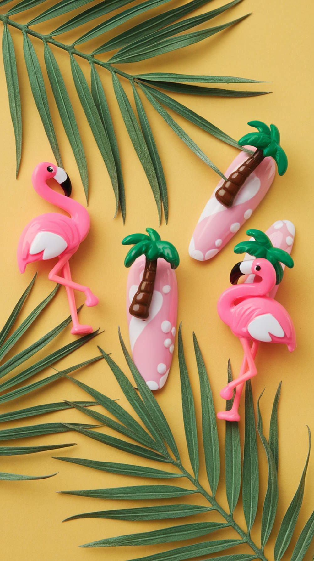 Nail designs featuring flamingo and palm tree motifs on a yellow background with green palm leaves