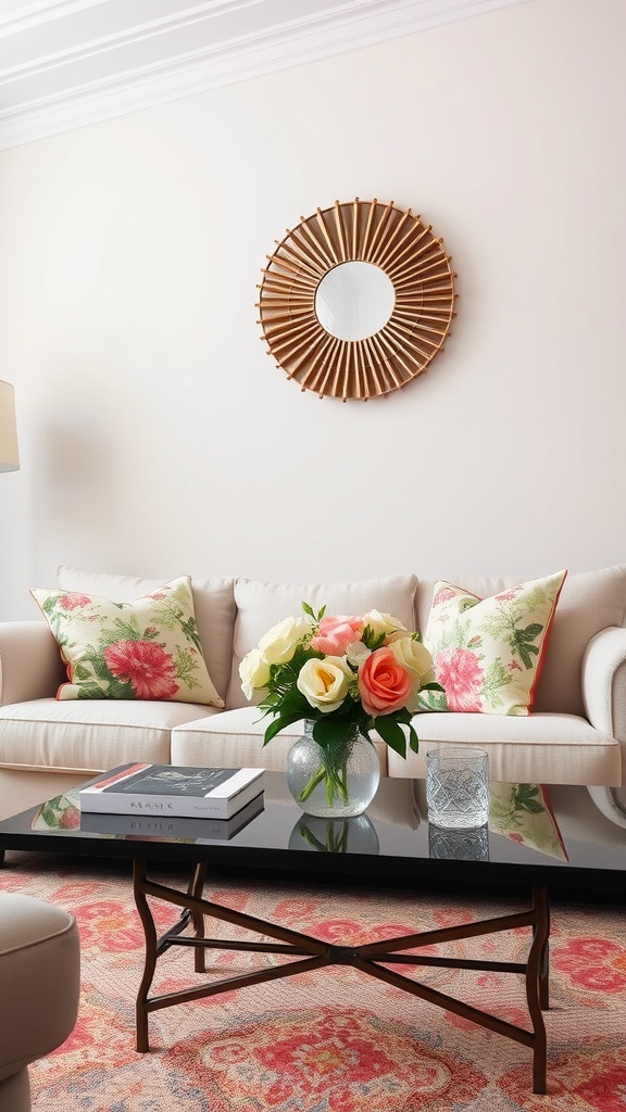 A cozy living room with floral cushions, a vase of roses, and a stylish coffee table.
