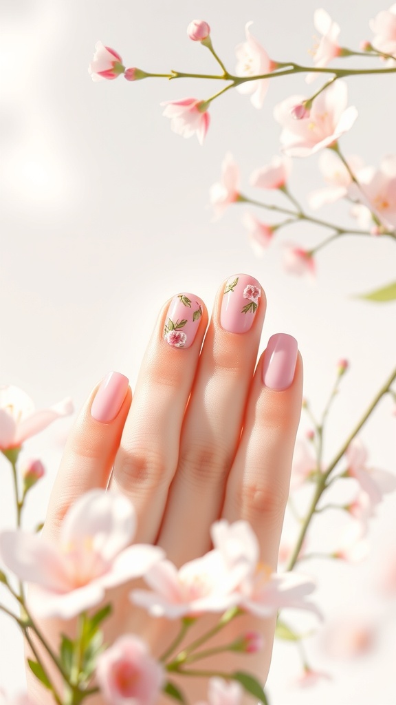 A hand with pink nails featuring floral accents, surrounded by pink flowers.