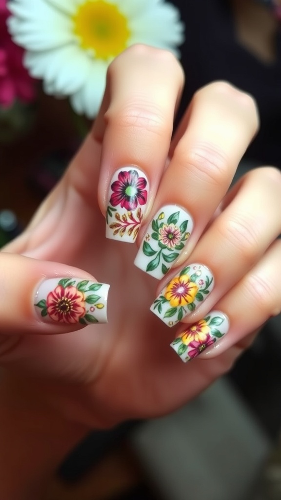 A hand with floral nail designs featuring colorful flowers on some nails and a neutral shade on others.