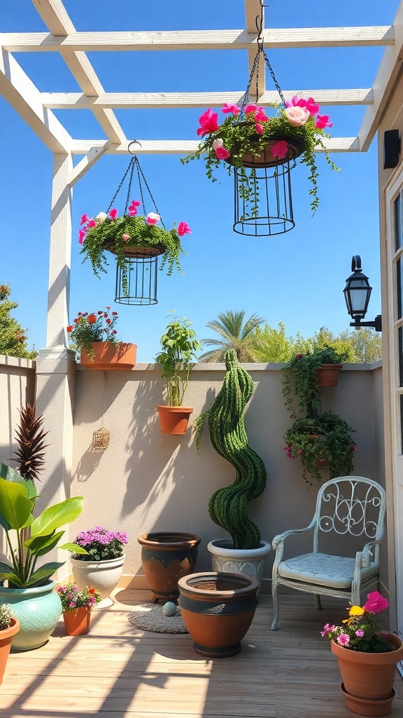 A cozy outdoor space decorated with hanging flower baskets and various potted plants.