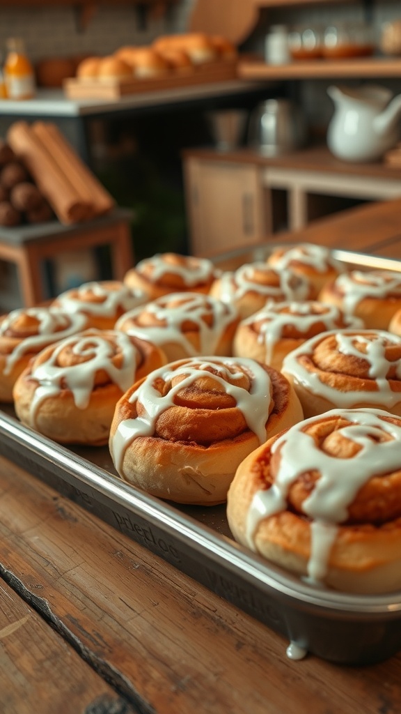A tray of fluffy sourdough cinnamon rolls topped with icing, placed on a wooden table.