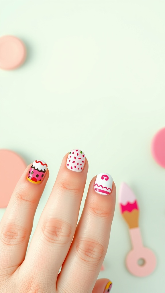 Colorful food-inspired nail art featuring cupcakes and ice cream designs.