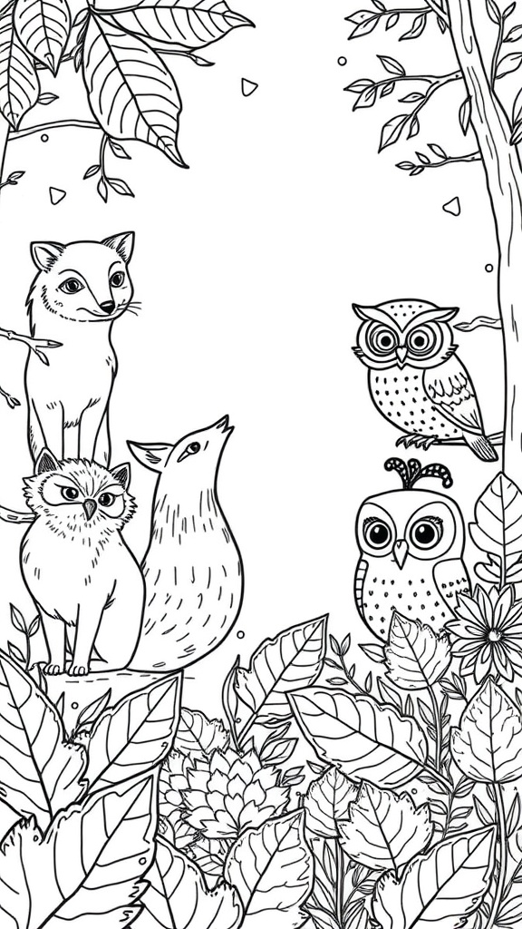 A colorful illustration of two foxes and an owl in a fall forest setting with vibrant leaves.