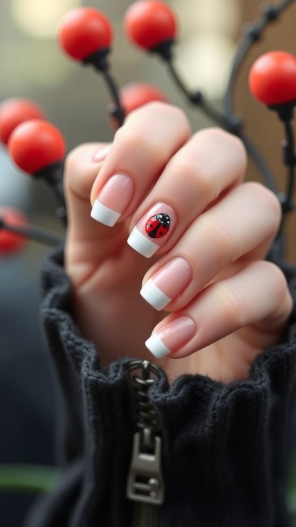 A hand with French tip nails featuring a ladybug accent nail, set against a backdrop of red decorative elements.
