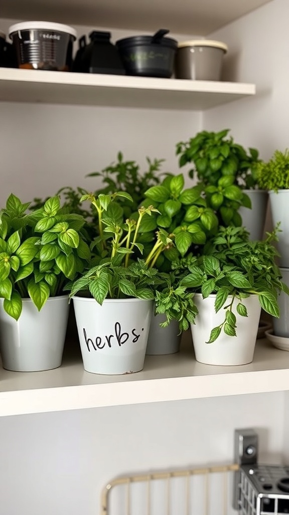 A collection of fresh herb pots on a kitchen shelf, featuring vibrant green plants.
