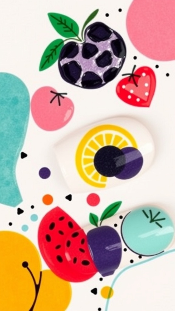 Colorful fruit-inspired abstract art featuring strawberries, oranges, and a whimsical tree on a blue background.