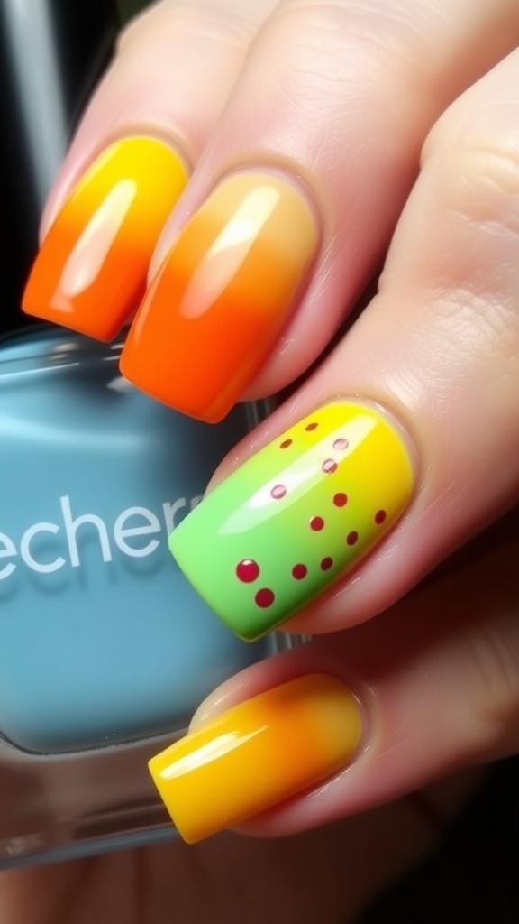 Close-up of nails painted with a red base and orange slice design.