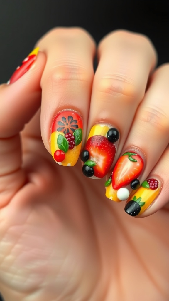 Colorful fruit-themed nail art featuring strawberries, blackberries, and cherries.