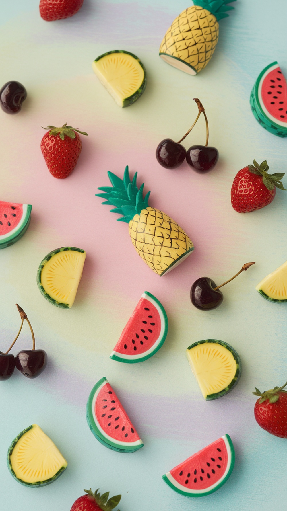 Colorful fruit shapes including watermelon, pineapple, and strawberries arranged on a pastel background.