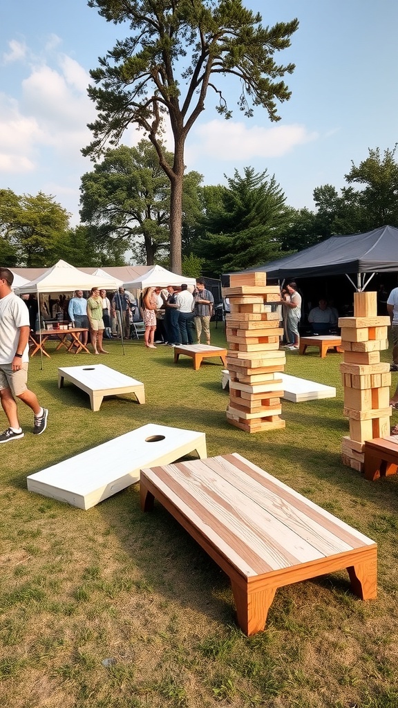 Outdoor party setup with games including cornhole and a giant block tower.