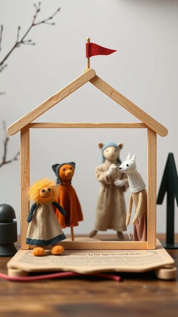 A colorful puppet theatre made from popsicle sticks featuring various puppets