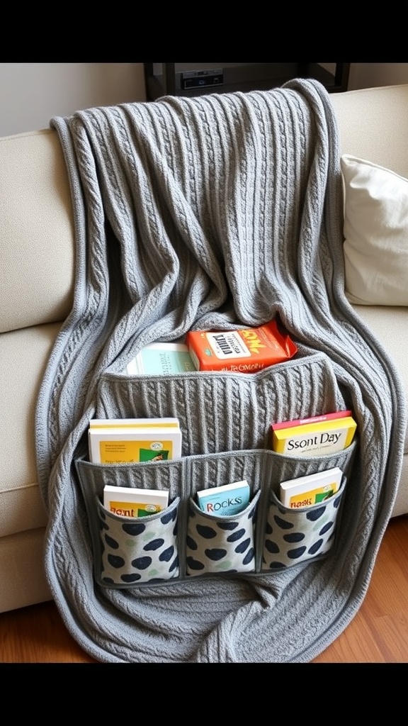 A gray throw blanket with built-in storage pockets, holding books and magazines, draped over a couch.