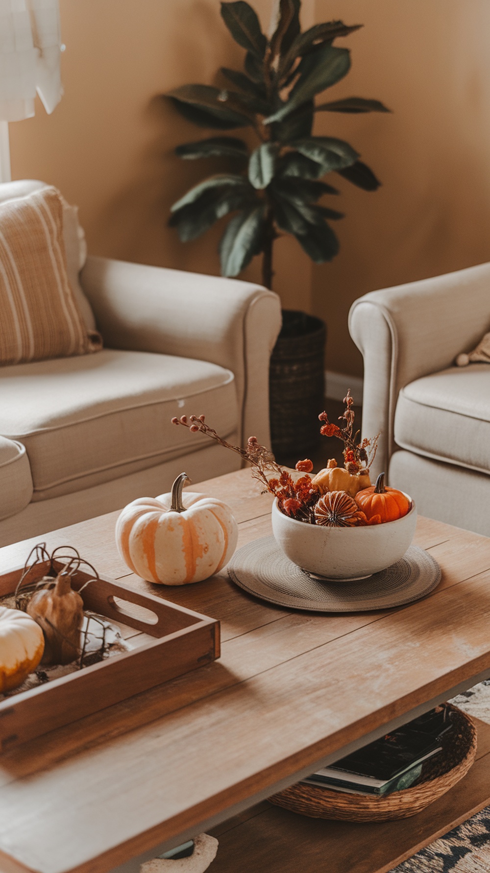 Cozy fall living room with pumpkins and dried flowers on a wooden coffee table